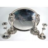 Old Sheffield plate tray and two pairs of ep candlesticks