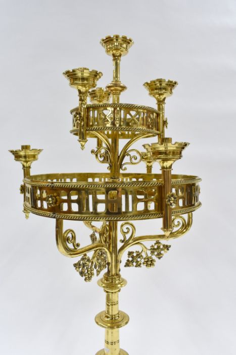 A Victorian Gothic Revival floor standing brass candle luminaire - Image 2 of 8