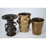 Japanese bronze vase, Chinese bronze vase and Indian brass beaker (3)