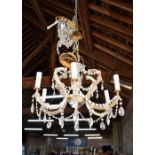 A gilt metal framed crystal glass and glass strung six branch electrolier chandelier, approx. 60