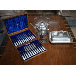 Epns kettle on stand, entrée dish and canteen of dessert knives and forks