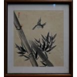 Japanese sparrow and bamboo ink painting on paper
