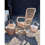 A cane and wicker bound rocking chair