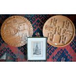 Two circular carved wood plaques and an old print (3)