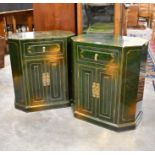 A pair of Oriental octagonal green lacquered bedside cabinets