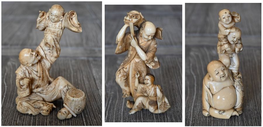 Three Japanese antique carved ivory okimono figure groups