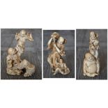 Three Japanese antique carved ivory okimono figure groups