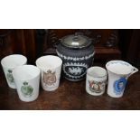Jasper biscuit barrel and commemorative mugs