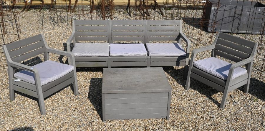 A Danetti grey plastic three seater garden sofa, armchairs and storage box