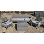 A Danetti grey plastic three seater garden sofa, armchairs and storage box