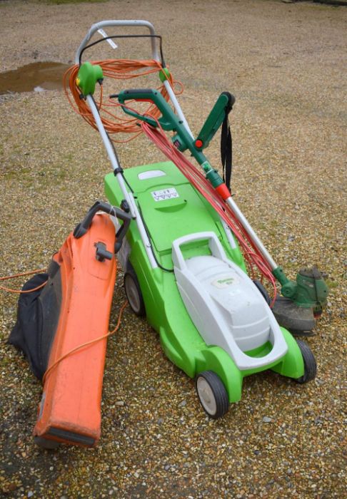 A Viking ME339 electric mower, Qualcast strimmer and Flymo garden blower
