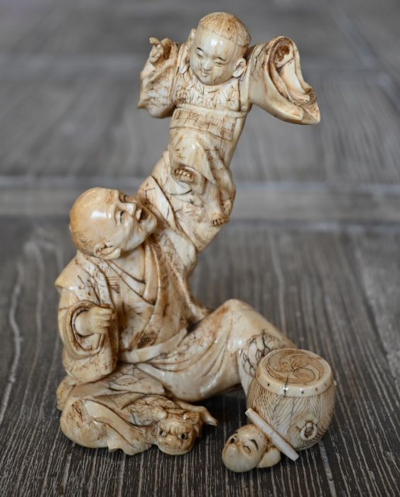 Three Japanese antique carved ivory okimono figure groups - Image 6 of 7