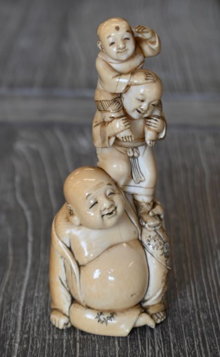 Three Japanese antique carved ivory okimono figure groups - Image 2 of 7