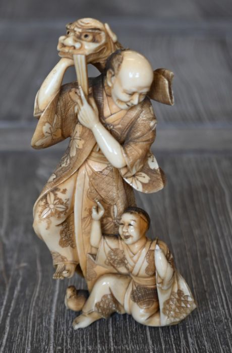 Three Japanese antique carved ivory okimono figure groups - Image 3 of 7