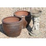 Cast stone bird bath to/w pair of brown glazed planters