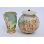 Art Deco lamp base and Clarice Cliff jug