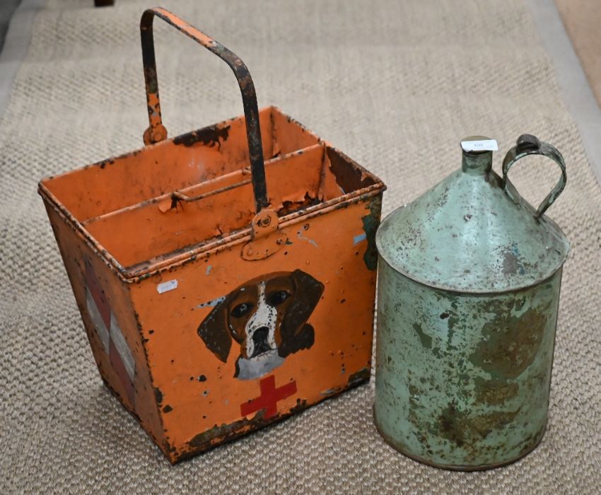 Vintage painted metal 'Red Cross' bucket and fuel can