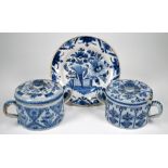 Two 18th century Delft two-handled posset pots and covers