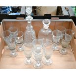 Drinking glasses and two decanters