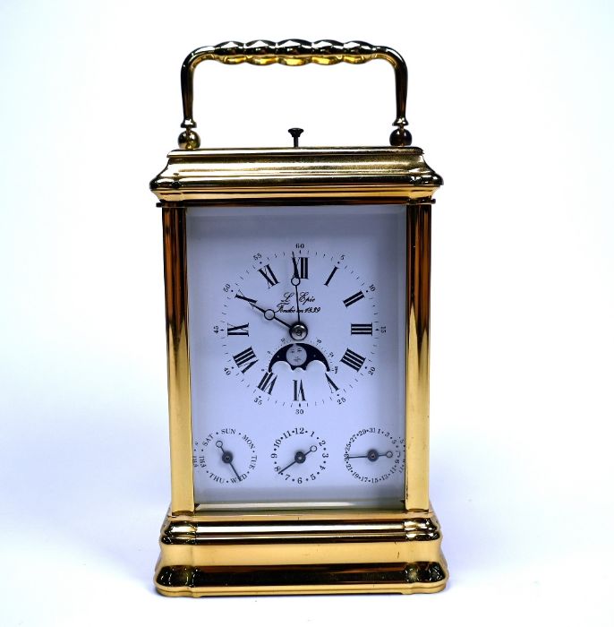 L'Epee, a contemporary French lacquered brass calendar carriage clock - Image 2 of 7
