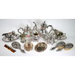 EPBM four-piece tea/coffee service and other plated items, silver brushes, etc.