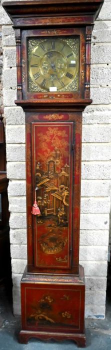 An 18th century and later Chinoiserie red lacquered 30-hour longcase clock