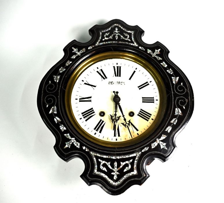Dechaux - a French mother of pearl inlaid ebonised twin train wall clock - Image 2 of 3