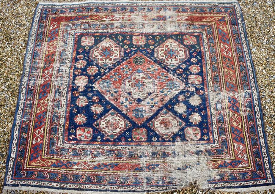 A blue ground Caucasion kazak design rug (heavily worn) - Image 6 of 7