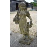 A small weathered reconstituted stone garden figure of a young girl