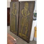 A pair of rectangular simulated stone and brass portraits