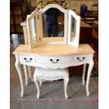 A pine top painted serpentine three drawer side table, stool and mirror (3)