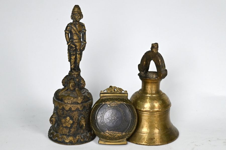 An antique betel lime box (killotaya) to/w two bronze ritual ghanta (3)