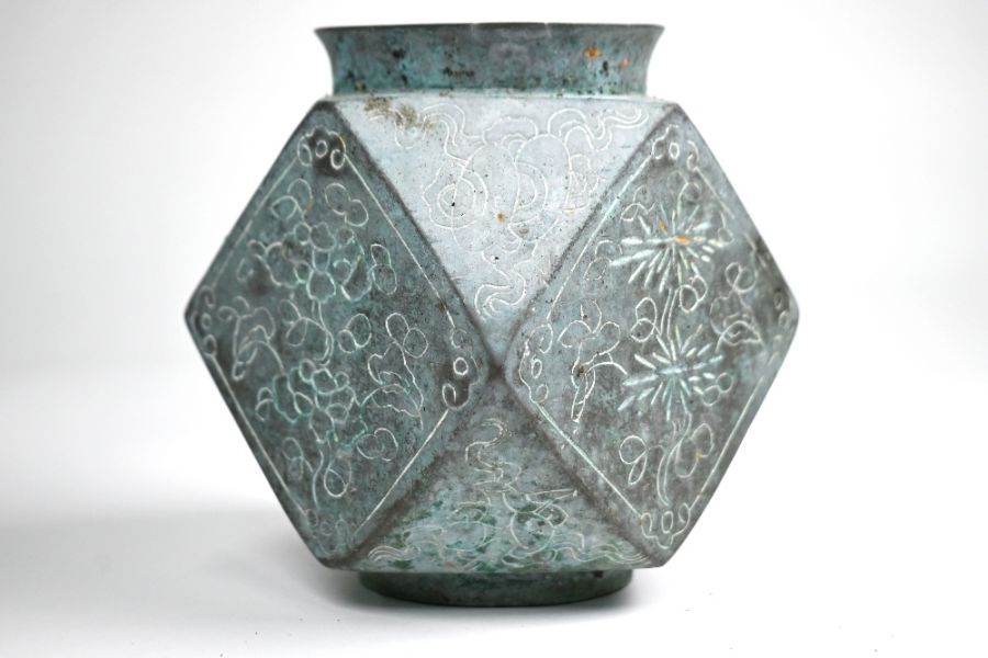 A Chinese polyhedral twelve sided vase and polished bronze dragon vase - Image 3 of 8