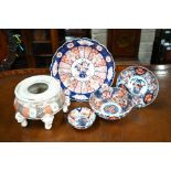 A vintage Chinese Mun Shou longevity bowl, five Japanese Imari items and a Satsuma stand