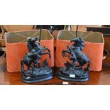 A pair of bronzed spelter Marley horse table lamps