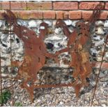 An aged steel garden feature silhouette of two boxing hares, 90 cm high