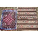 Red and blue kelim mat to/w brown and tan banded soumak