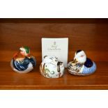 Two Royal Crown Derby 'Duck' paperweights and a Dormouse