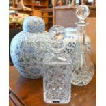 Two glass decanters to/w two blue and white globular vases