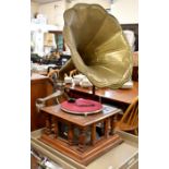 HMV gramophone with brass horn and glazed wooden base