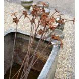 Ten weathered steel triple flower head spikes