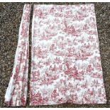 A pair of red and cream toile de jouy cotton curtains