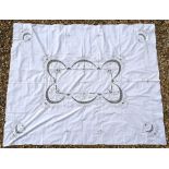 A Portuguese white linen table cloth with embroidered and crochet design