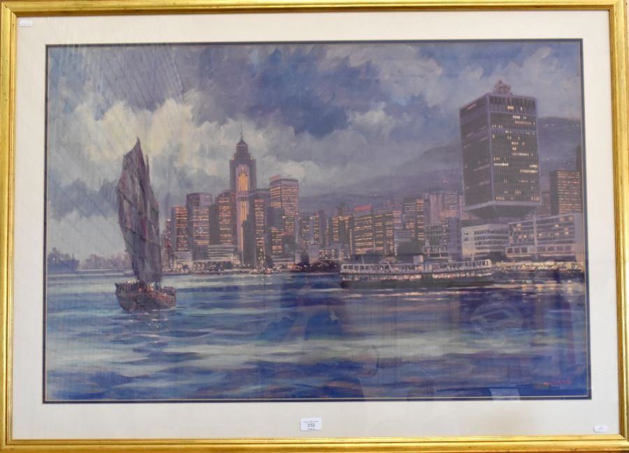 An extensive panoramic print of Hong Kong harbour