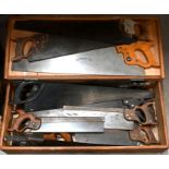 A vintage wooden tool box and tools