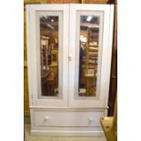 A painted pine twin mirror door wardrobe with full width drawer