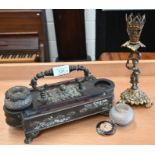 Early 19th century simulated tortoiseshell and brass-mounted inkstand