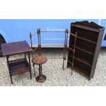 A Waring & Gillows oak open bookcase, airer and 2 small tables (4)