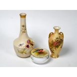 A Royal Worcester small pot and cover to/w two vases