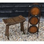 A mahogany three tier cake stand to/w oak stool with shaped slatted seat